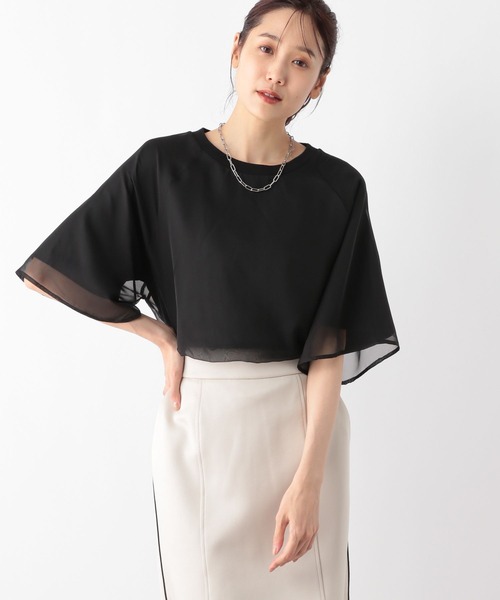 GLOBAL WORK tシャツ シフォンドッキングプルオーバー7分袖