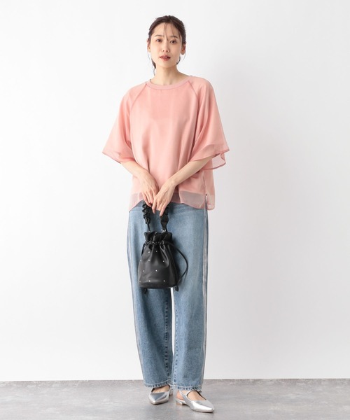 GLOBAL WORK tシャツ シフォンドッキングプルオーバー7分袖