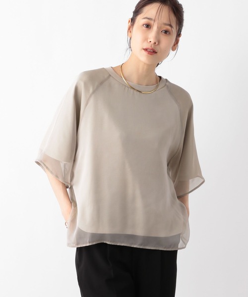 GLOBAL WORK tシャツ シフォンドッキングプルオーバー7分袖
