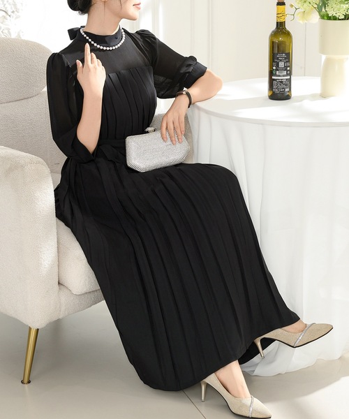 ☆長袖☆シアー ドッキング ロング丈 ワンピ パーティ ドレス Lace Ladies ドレス シアー ドッキング ロング プリーツ