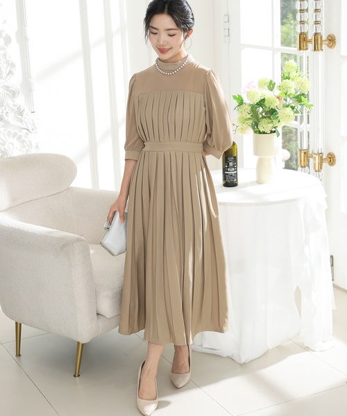 ★日本の職人技★ Lace Ladies ドレス シアー ドッキング ロング プリーツ ワンピース