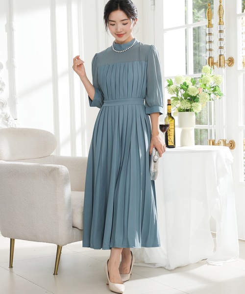 Lace Ladies ドレス シアー ドッキング ロング プリーツ