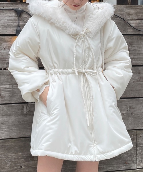 one way（ワンウェイ） ファー付きリボン中綿ダウンコート レディース