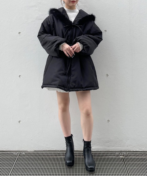 one way（ワンウェイ） ファー付きリボン中綿ダウンコート レディース