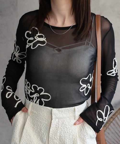 tシャツ レトロフラワー柄シアープルオーバー レディース sakishimatokyo tシャツ フラワー柄 コード刺繍 シアートップス