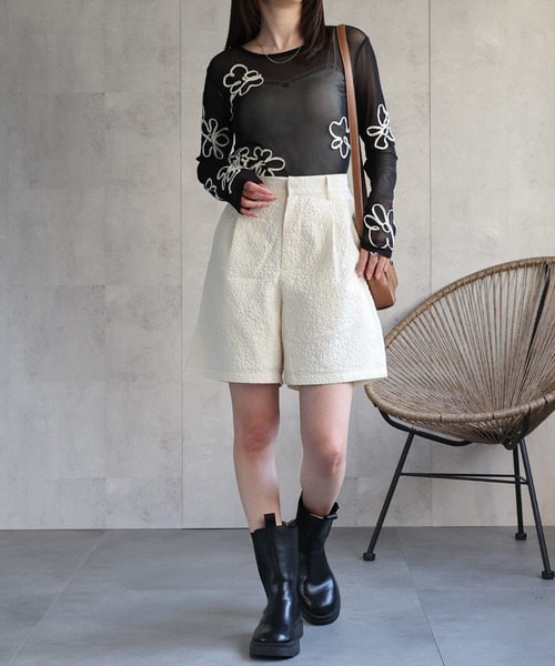 新品未使用 シワ加工ボーダーお花柄刺繍デザイン プルオーバー カットソー 日本製 sakishimatokyo tシャツ フラワー柄 コード刺繍 シアートップス