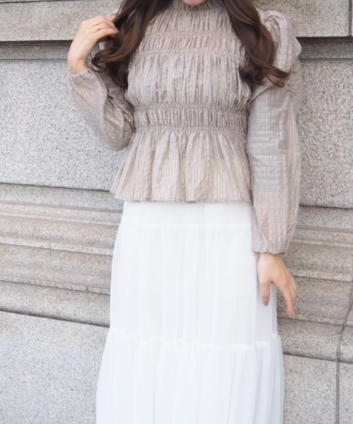 ブラウス シャツ パフスリーブシャーリングペプラムブラウス　春服　フリル レディース SELFIST ブラウス シャツ パフスリーブシャーリングペプラム