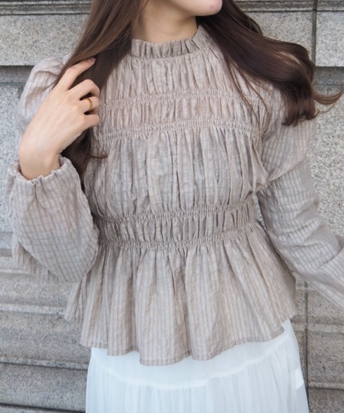 ブラウス シャツ パフスリーブシャーリングペプラムブラウス　春服　フリル レディース セール】パフスリーブシャーリングペプラムブラウス 春服 フリル