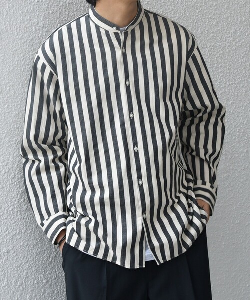 美品 シップスデイス コットンリネン バンドカラー ストライプシャツ ネイビー 美品 シップスデイス コットンリネン バンドカラー ストライプ
