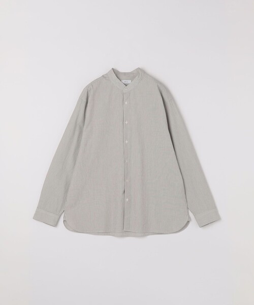 Drawer コットンストライプ バンドカラー シャツ グレー Drawer コットンストライプ バンドカラー シャツ グレー
