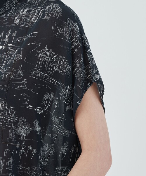 ブラウス シャツ LandScapeシルクストレッチ スタンドネックボックスシャツ レディース LandScapeシルクストレッチ スタンドネックボックス