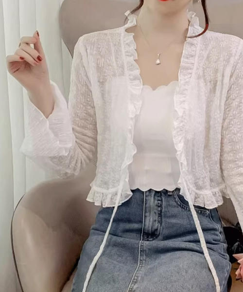 カーディガン 夏 花柄 シアー フリルカーディガン レディース
