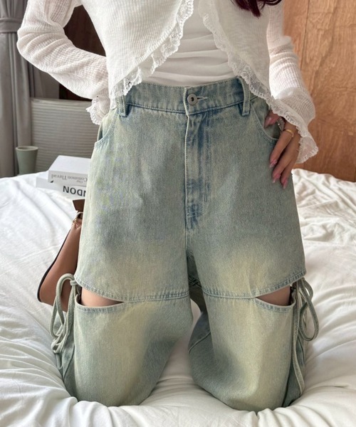 ナイスクラップ　カットアウトリボンワイドデニムパンツ　Mサイズ ナイスクラップ カットアウトリボンワイドデニムパンツ Mサイズ