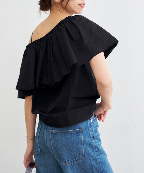 IENA ブラウス シャツ タフタラッフルオフショルトップス
