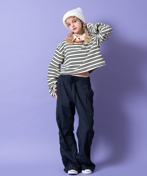パンツ a.p.o.v. サイドジップ変形ワイドフレアナイロントラックパンツ