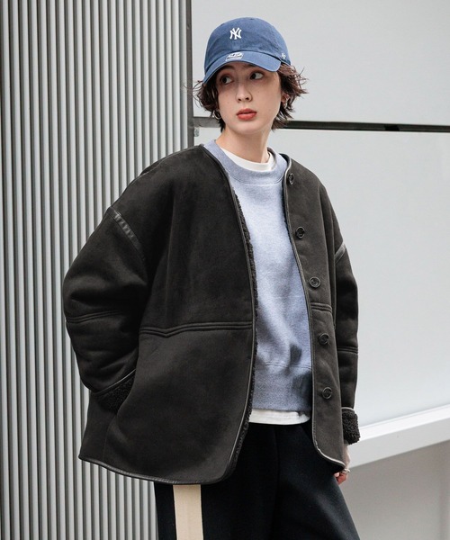 美品 ムートンコート 羊革 本革 ギャングコート　ブラック ボア ショールカラー George's ムートンコート ボアコート ムートンボアミドルコート