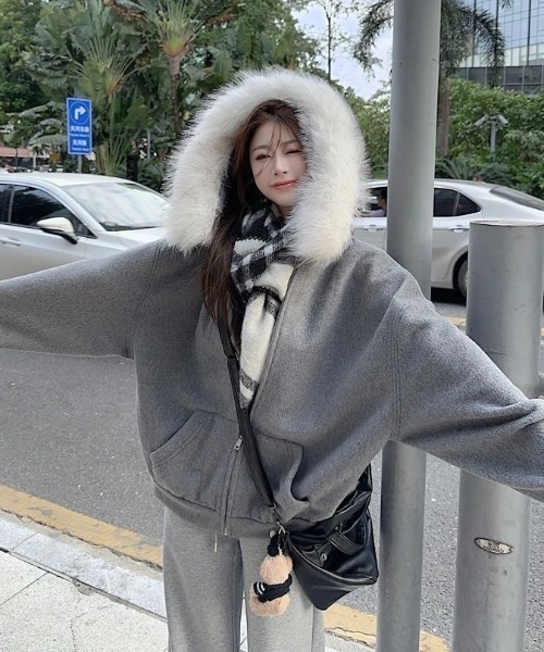 shameless パーカー フェイクファーフードオーバーサイズジップ