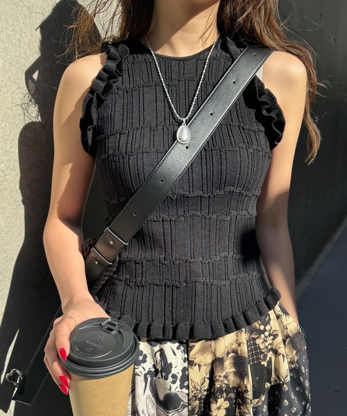 トップス Ameri MEDI 2WAY WAVY FRILL KNIT TOP Ameri（アメリ） タンクトップ ノースリーブ MEDI 2WAY WAVY FRILL