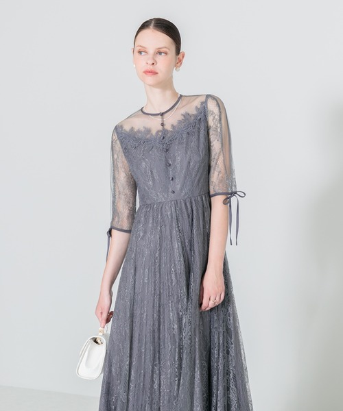 【Leja】異素材レースデコルテシアーAラインドレス結婚式パーティードレス Leja ドレス 「LEJA」異素材レースデコルテシアー袖リボン