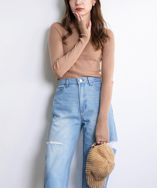 ニット セーター 指穴 リブニット トップス クルーネック 薄手 薄い