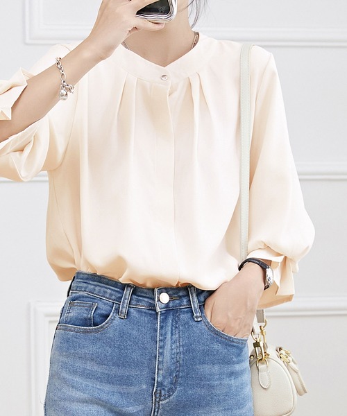Lace Ladies ブラウス シャツ キャンディ袖 7分袖 フレア タック