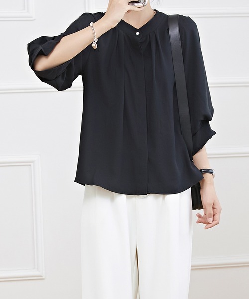 Lace Ladies ブラウス シャツ キャンディ袖 7分袖 フレア タック