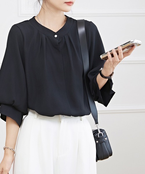 Lace Ladies ブラウス シャツ キャンディ袖 7分袖 フレア タック