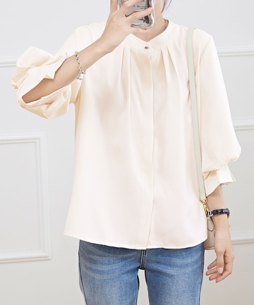 Lace Ladies ブラウス シャツ キャンディ袖 7分袖 フレア タック