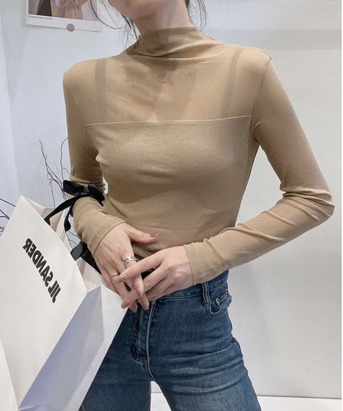 tシャツ シアー切替ボトルネックトップス レディース : ZOZOTOWN