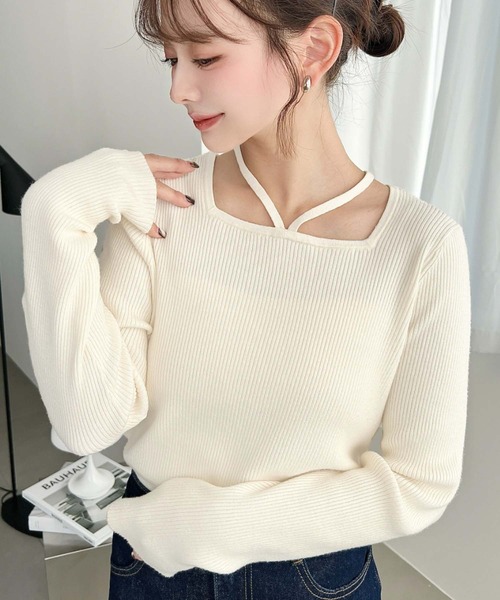 moment+ ニット セーター 12Gホルターネックリブニットプルオーバー