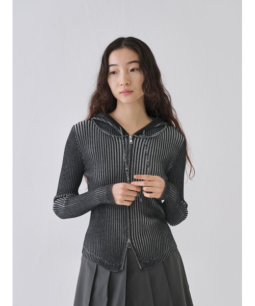 極美品✨ルネ パールメッシュニットパーカー ダブルジップ パフスリーブ ネイビー 極美品✨ルネ パールメッシュニットパーカー ダブルジップ