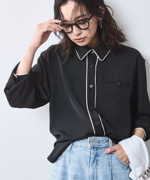 ブラウス シャツ 配色パイピングソフトシャツ 「大きいサイズ有」シックスタイル レディース