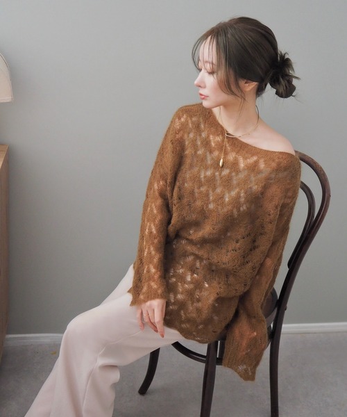 ニット セーター mohair openwork knit pullover  /モヘア 透かし編み ニット プルオーバー レディース