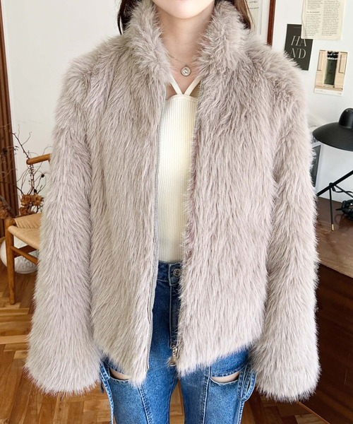 コート アウター スタンドカラーフェイクファーブルゾン レディース