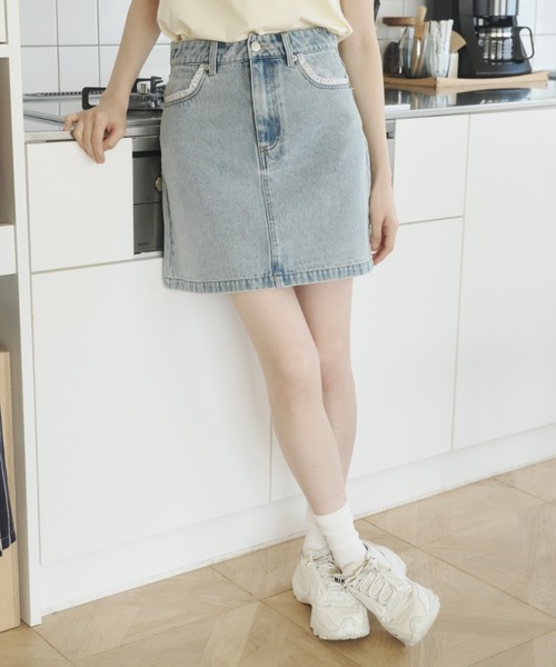 モナコで購入 レース×デニムスカート デニムスカート ティアード 裾レース デニム ミニスカート