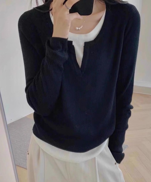 tシャツ レイヤード風Vネックニット レディース シャツレイヤード風Vネックニット | レディースファッション通販