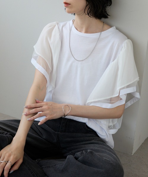 each alchemist tシャツ フレアスリーブ異素材切替半袖Tシャツ