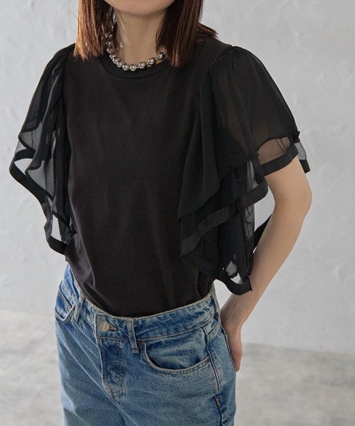 tシャツ フレア切替えブラウス レディース GeeRA ブラウス シャツ シアー切替フレアー袖Tブラウス