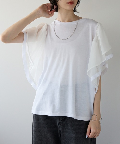 tシャツ フレアスリーブTシャツ レディース each alchemist tシャツ フレアスリーブ異素材切替半袖Tシャツ