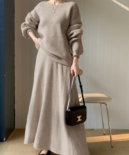 セットアップ ボートネックドロップショルダーニット＆ニットロング