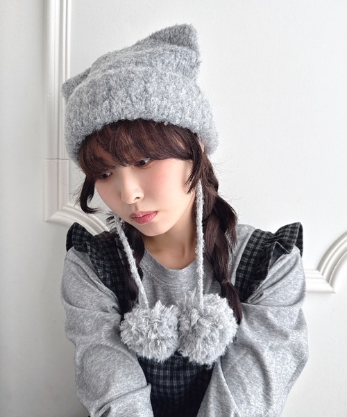 Loueme ニット帽 ニットキャップ ねこみみポンポンニットビーニー