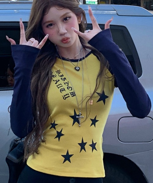 DIAVEL tシャツ 韓国風Y2Kリボントップス/星柄デザイン レディース 