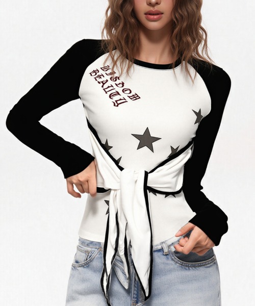 DIAVEL tシャツ 韓国風Y2Kリボントップス/星柄デザイン レディース