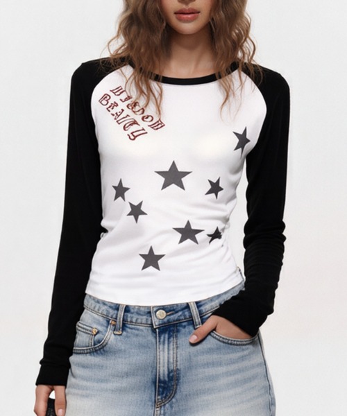 DIAVEL tシャツ 韓国風Y2Kリボントップス/星柄デザイン レディース