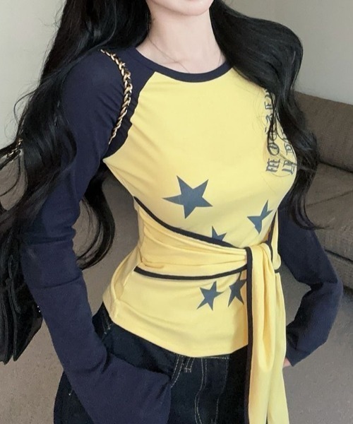 DIAVEL tシャツ 韓国風Y2Kリボントップス/星柄デザイン レディース