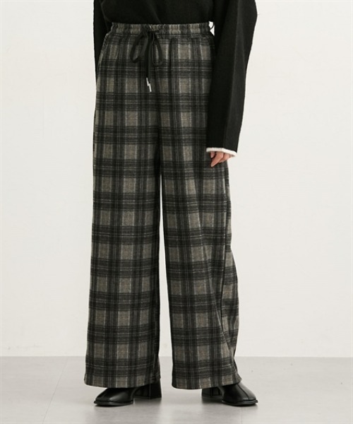 美品 Drawer チェックワイドパンツ ウール カシミヤ混 36 黒 ブラック ニッセン（nissen） パンツ ウール調チェック柄ワイドパンツ