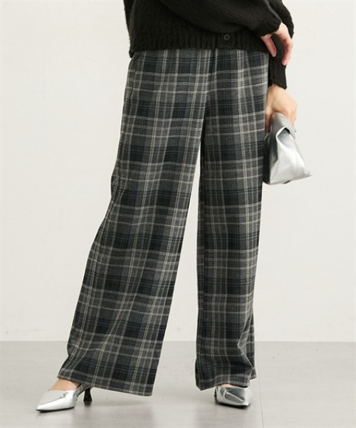 ニッセン（nissen） パンツ ウール調チェック柄ワイドパンツ