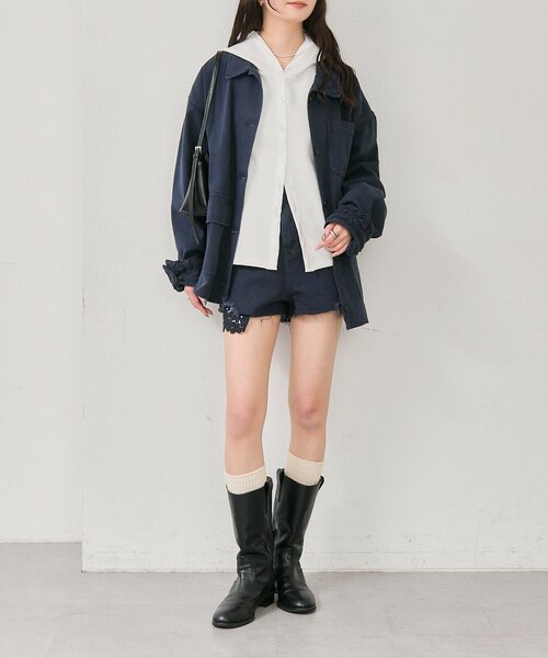 【mystic】 裾レースツイルジャケット&レースポケットショートパンツSET mystic（ミスティック） ブルゾン アウター 裾レースツイルジャケット