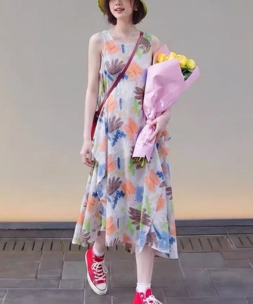 ワンピース フラワープリントティアードキャミワンピース