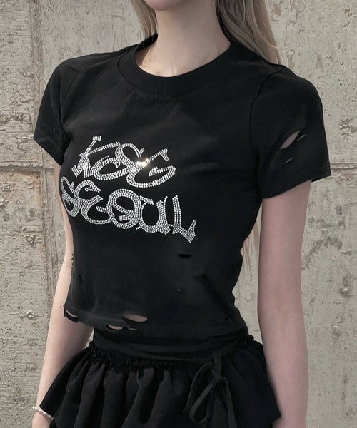 KsG tシャツ 半袖 ダメージラインストーンクロップドTシャツ